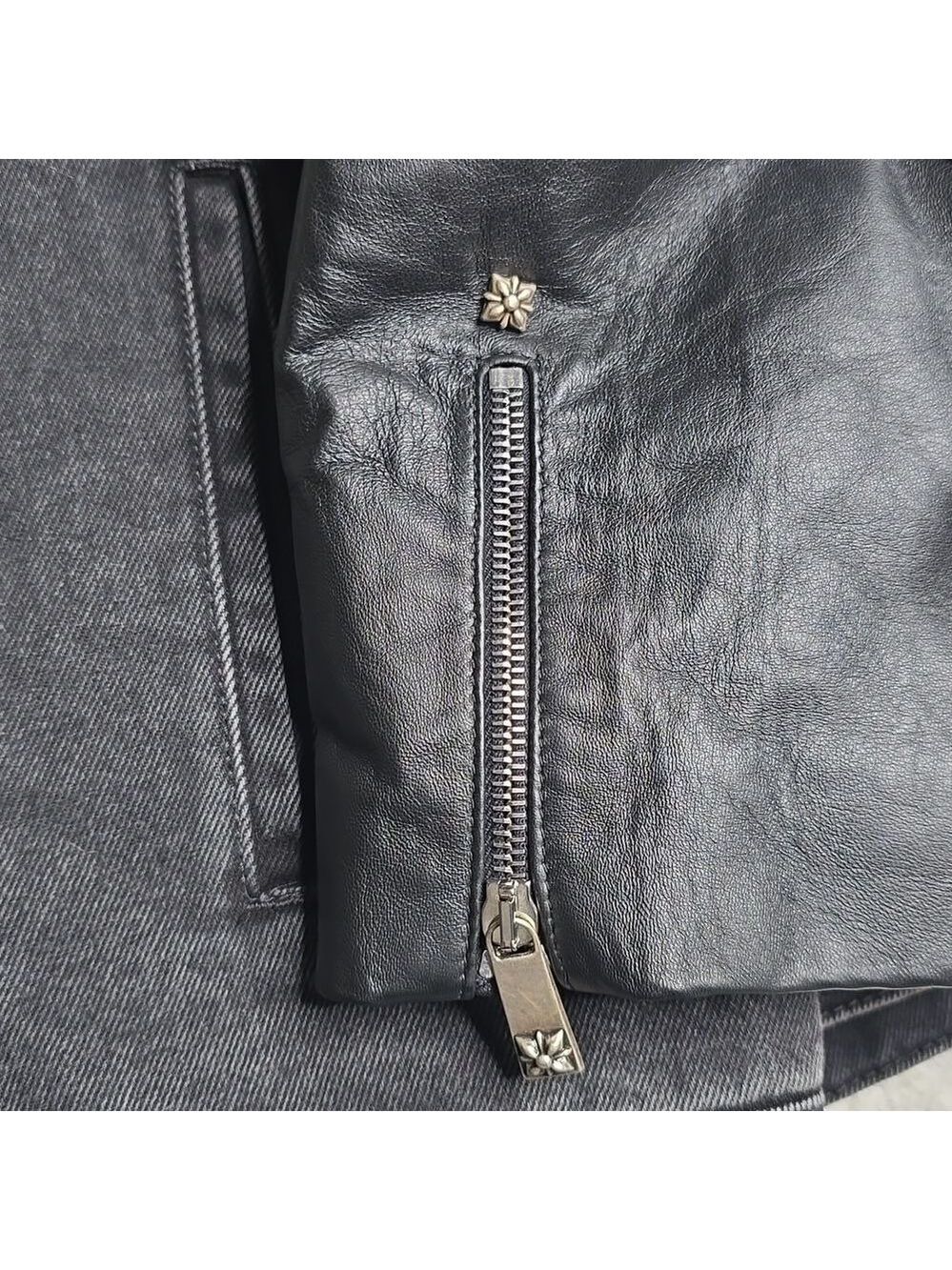 John Richmond - Denim and Laser Cut Leather Jacket in Black Large - Picture 13 of 16